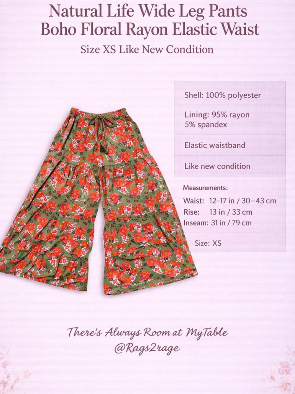 Natural Life Wide Leg Pants Boho Floral Rayon Elastic Waist XS - Picture 2 of 4